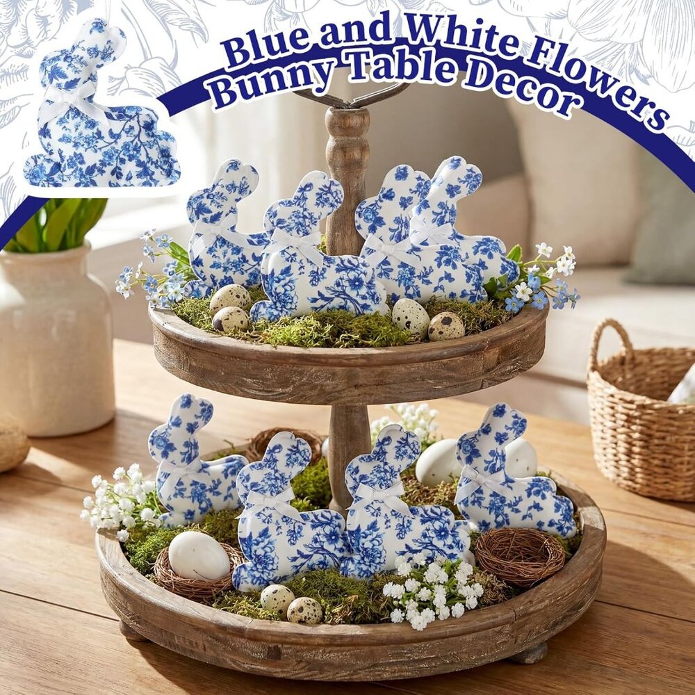 12 Bunny Blue and White Fabric Farmhouse Stuffed Country Style